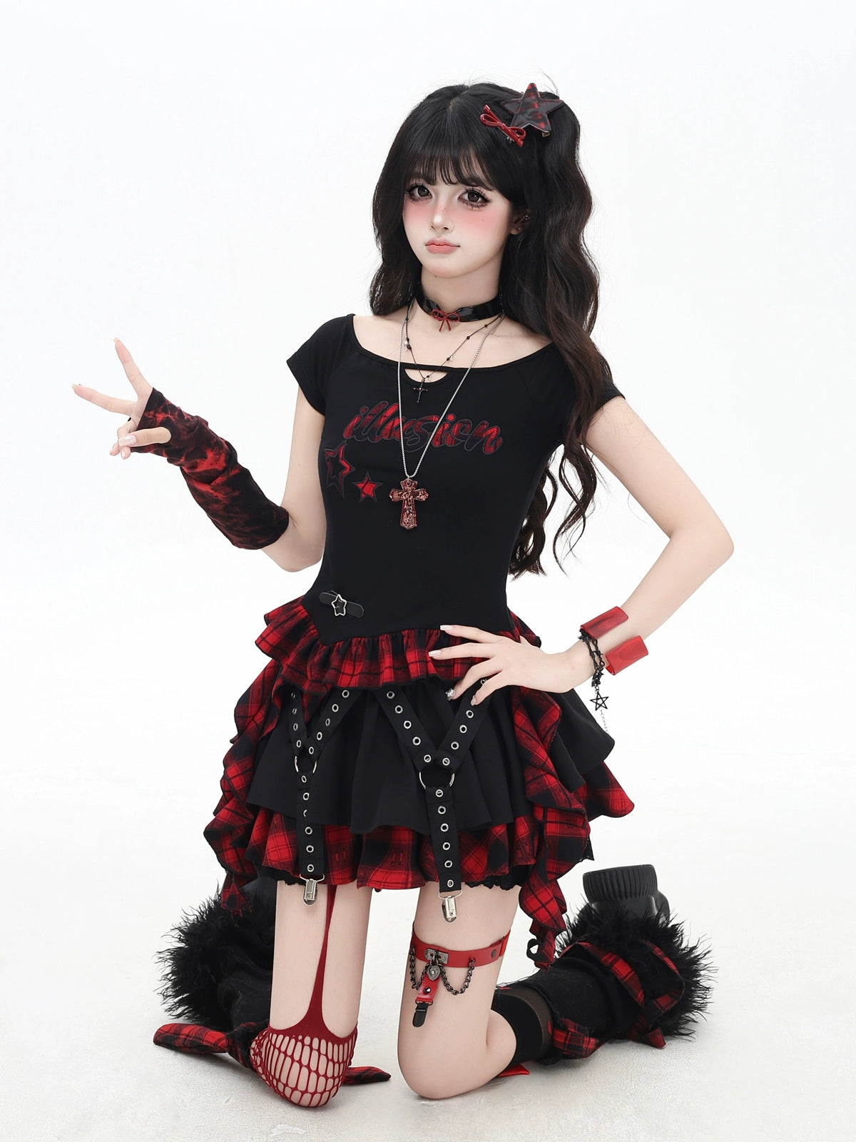 CRAZYGIRL [Summer Finale] Black & Red Plaid Ribbon T-Shirt