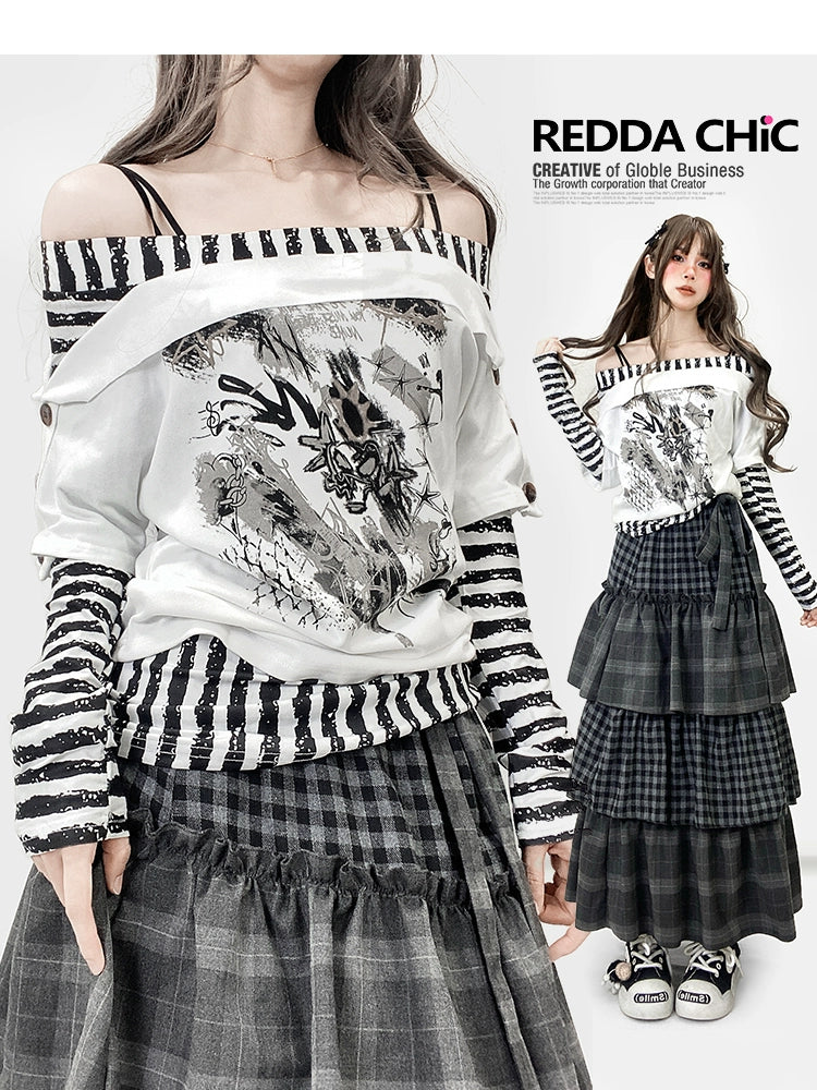 ReddaChic Y2K Striped Print Stitching Long Sleeve