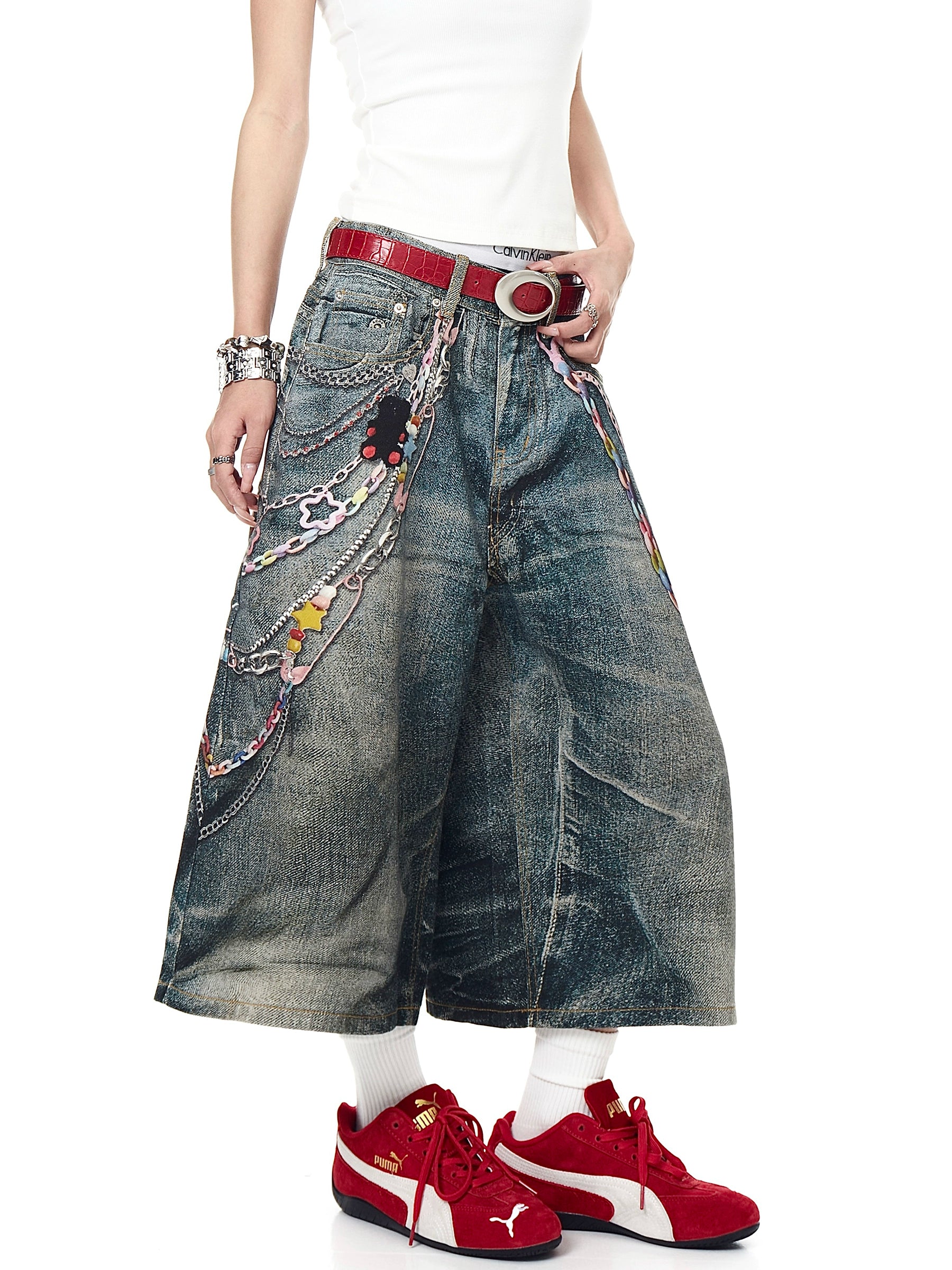 BLACKLISTS American Hee Chain Printed Denim Shorts
