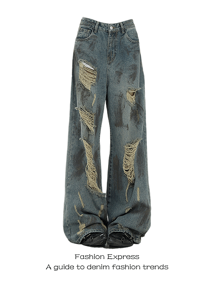 Fashion Express American Retro Black Tie-Dyed Ripped Jeans