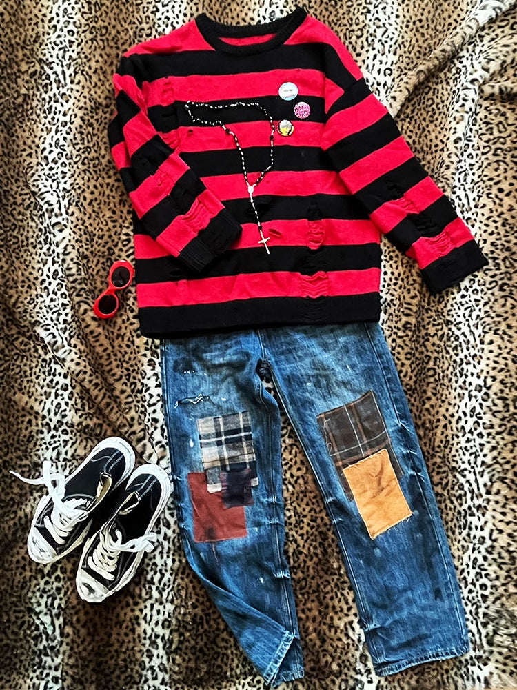 BIZZCUT Decadent Lazy Style Black and Red Striped Sweater