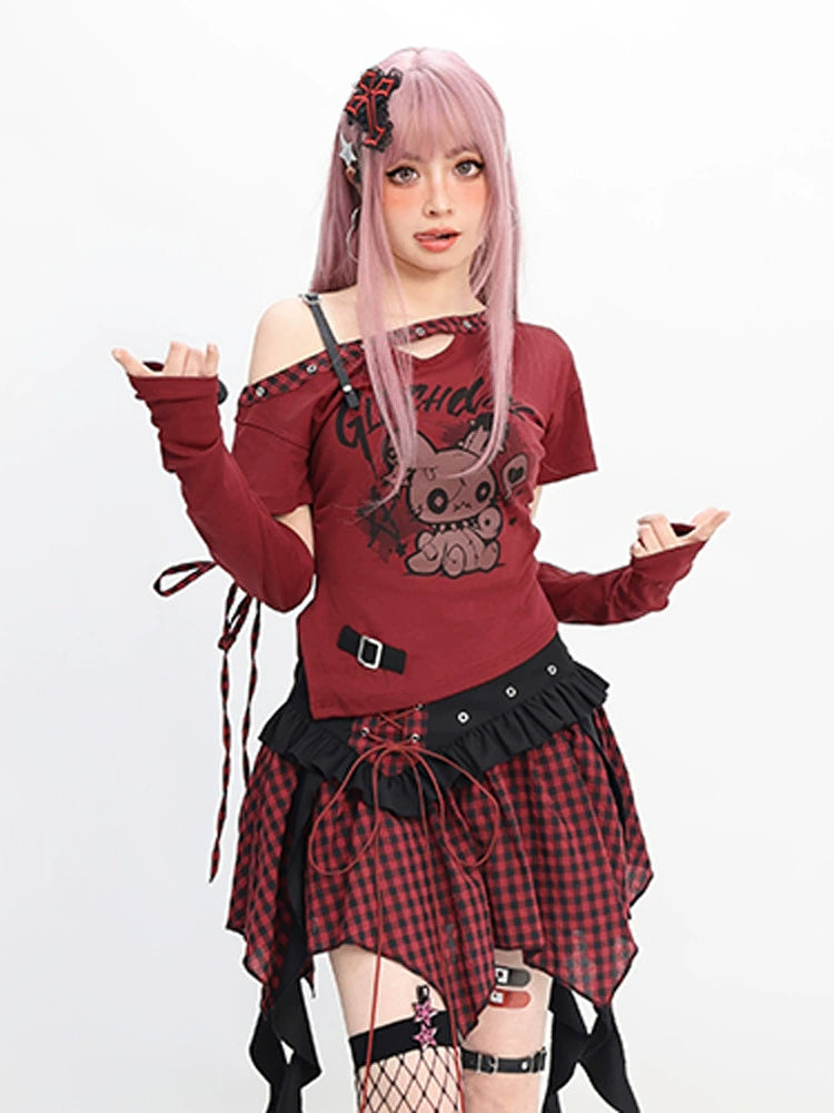CATWISH Y2K Cool Girl Slanted Shoulder T-Shirt Skirt Set