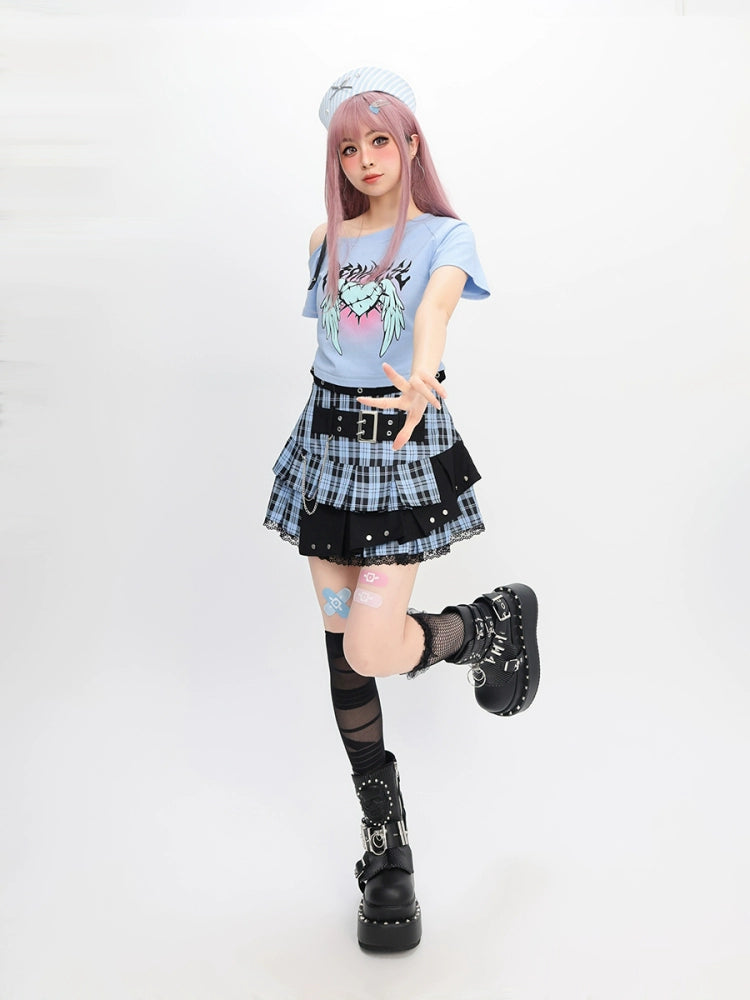 CATWISH Y2K Subculture Charm Blue Radio Wave T-Shirt Skirt Set