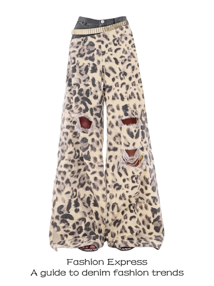 Fashion Express American Retro Leopard Ripped Jeans