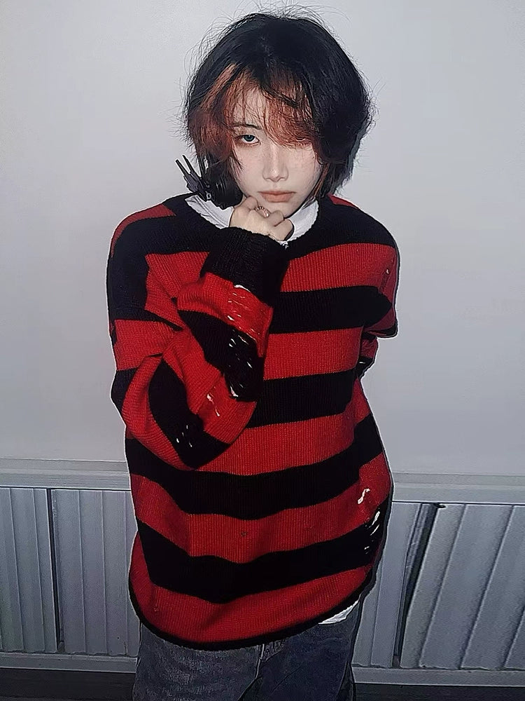 BIZZCUT Decadent Lazy Style Black and Red Striped Sweater