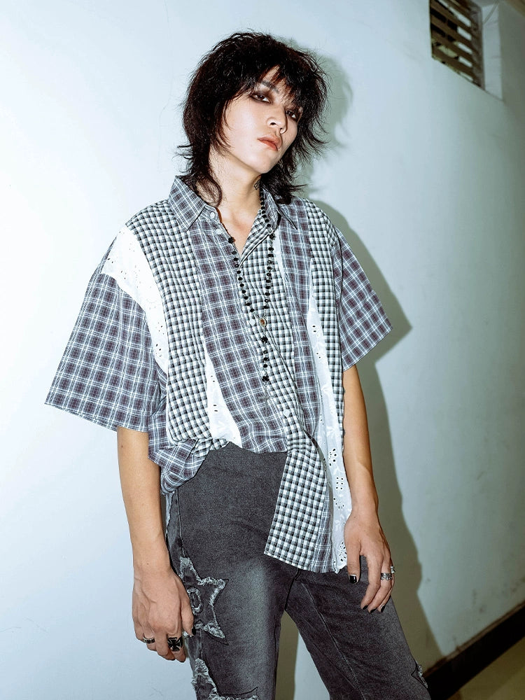 Bizzcut Japanese Juvenile Splicing Plaid Short-Sleeved Shirt