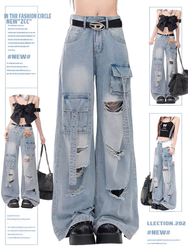 Fashion Express Street Trend Pink Ripped Jeans
