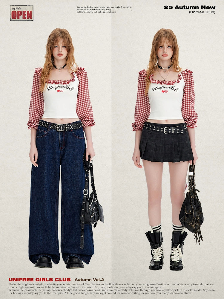 UNIFREE Fake Two Pieces Red Checkered Splicing Long Sleeves