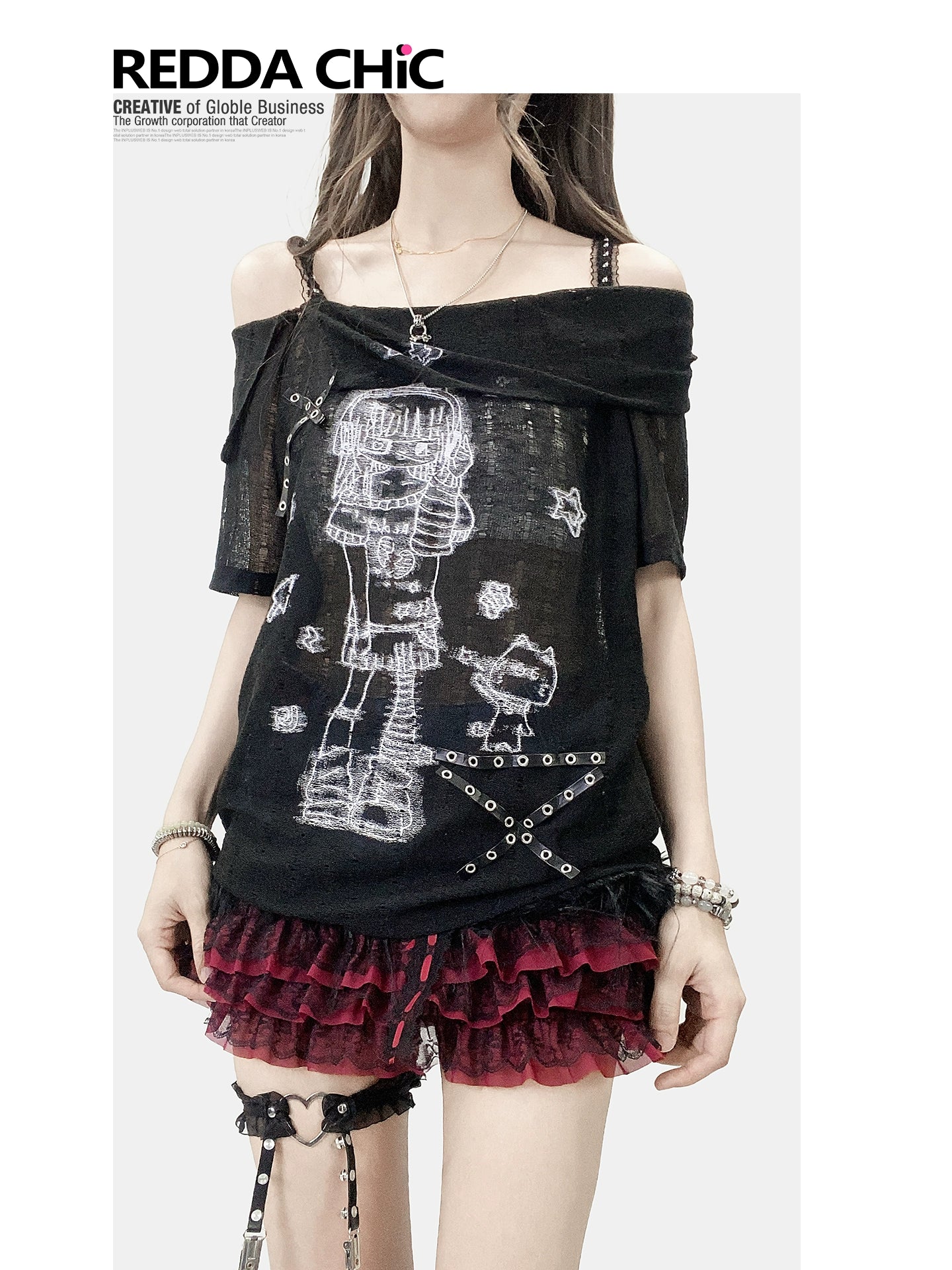 ReddaChic Subculture Dark Cartoon Printed One-Neck T-Shirt