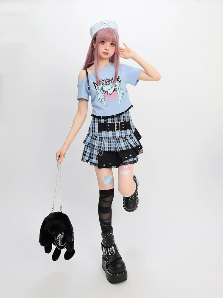 CATWISH Y2K Subculture Charm Blue Radio Wave T-Shirt Skirt Set