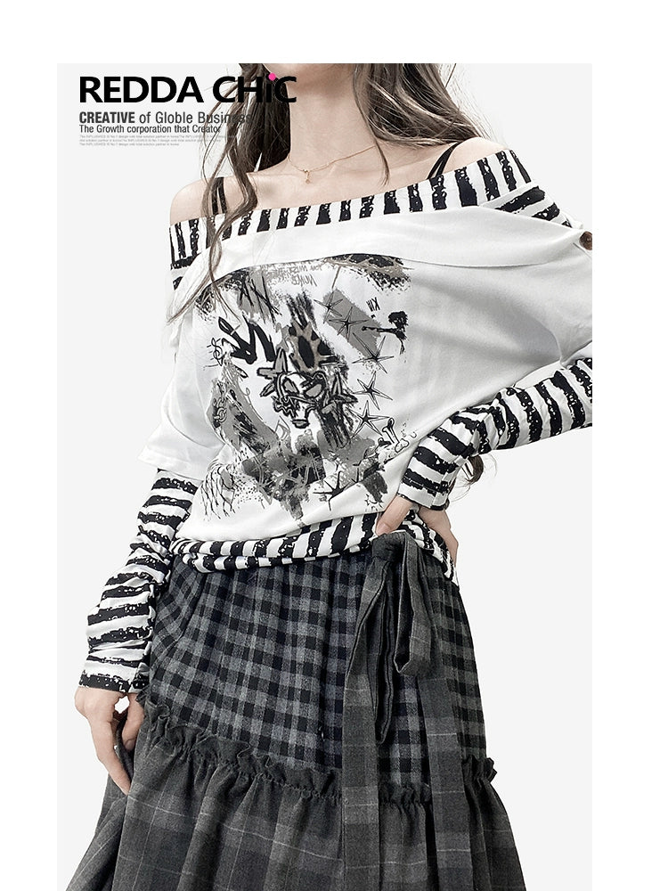 ReddaChic Y2K Striped Print Stitching Long Sleeve
