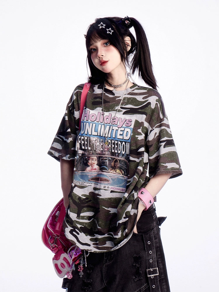 11SH97 American Street Letter Print T-Shirt