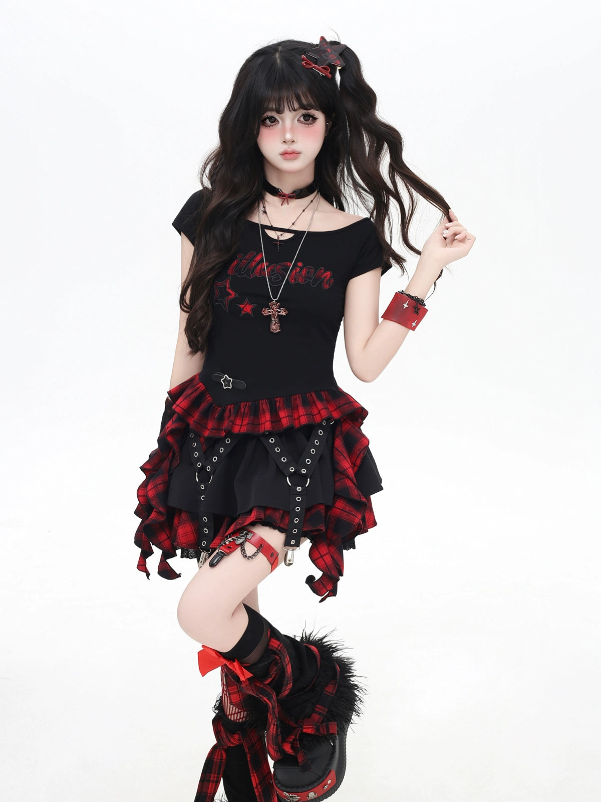 CRAZYGIRL [Summer Finale] Black & Red Plaid Ribbon T-Shirt