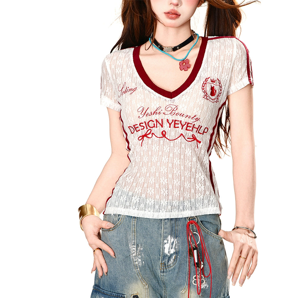 KELLY KITTY Y2K Sweet Spice Girl V-Neck Embroidered T-Shirt