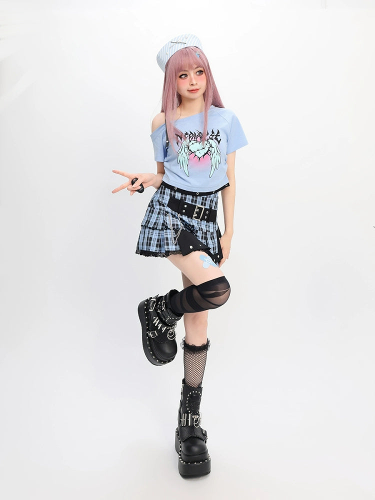 CATWISH Y2K Subculture Charm Blue Radio Wave T-Shirt Skirt Set