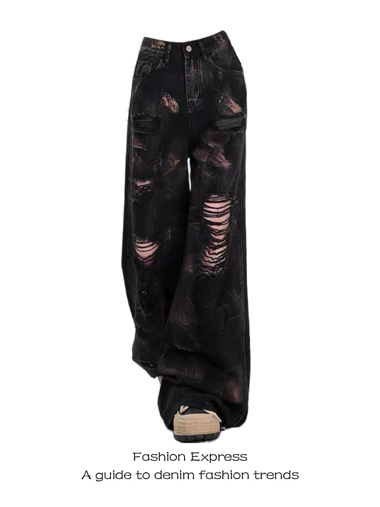 Fashion Express American Retro Black Tie-Dyed Ripped Jeans