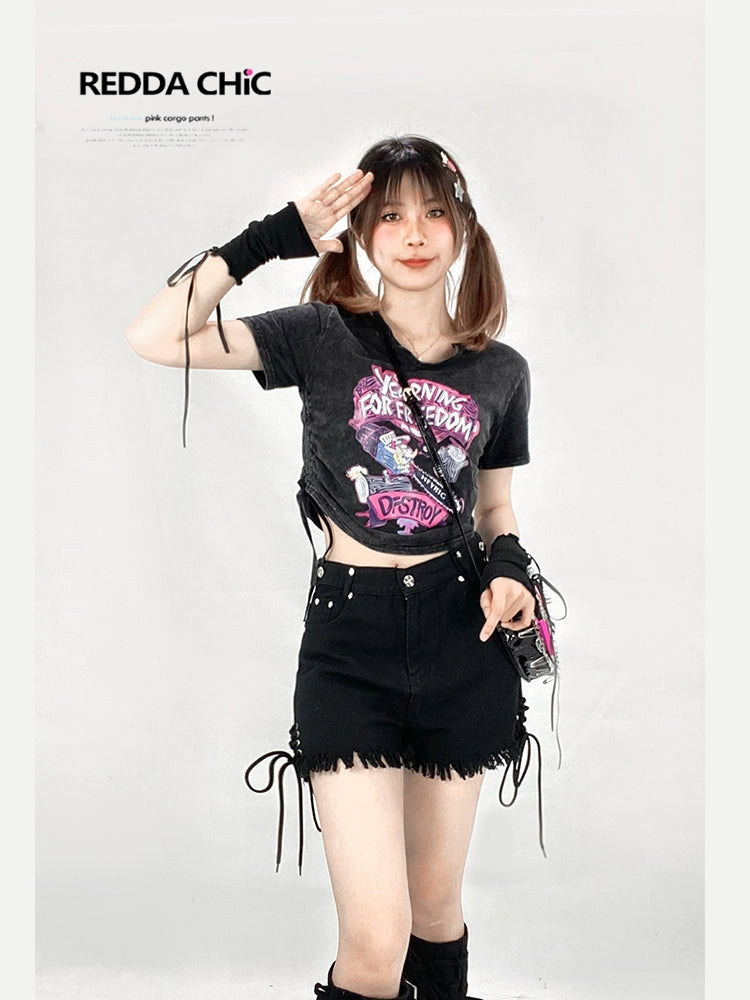 ReddaChic American Vintage Black Drawstring T-Shirt