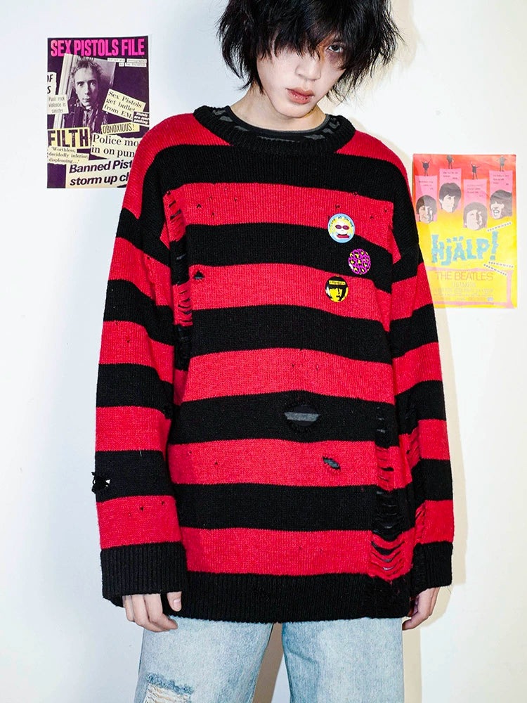 BIZZCUT Decadent Lazy Style Black and Red Striped Sweater