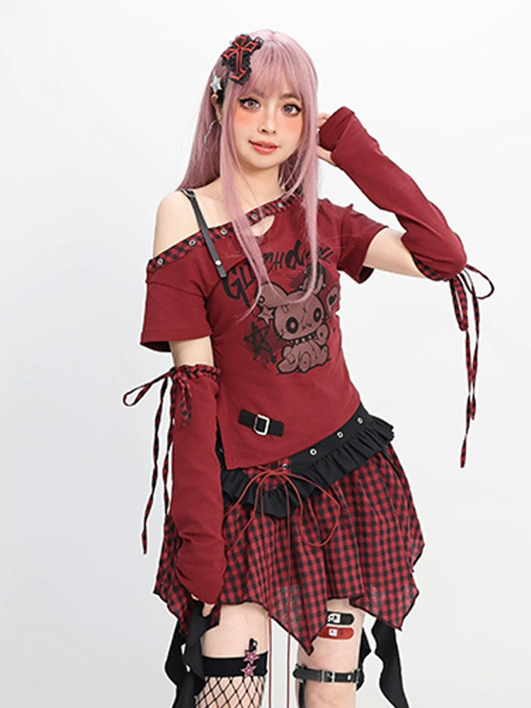 CATWISH Y2K Cool Girl Slanted Shoulder T-Shirt Skirt Set