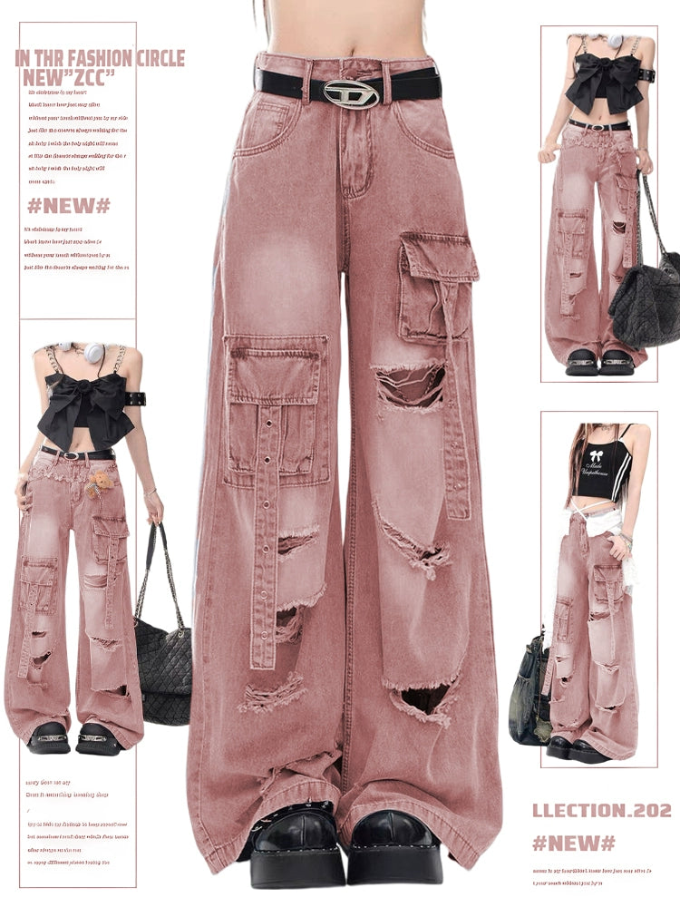 Fashion Express Street Trend Pink Ripped Jeans