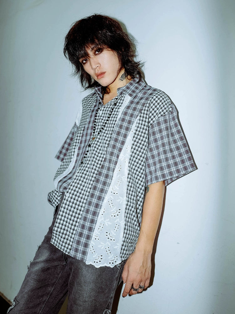 Bizzcut Japanese Juvenile Splicing Plaid Short-Sleeved Shirt