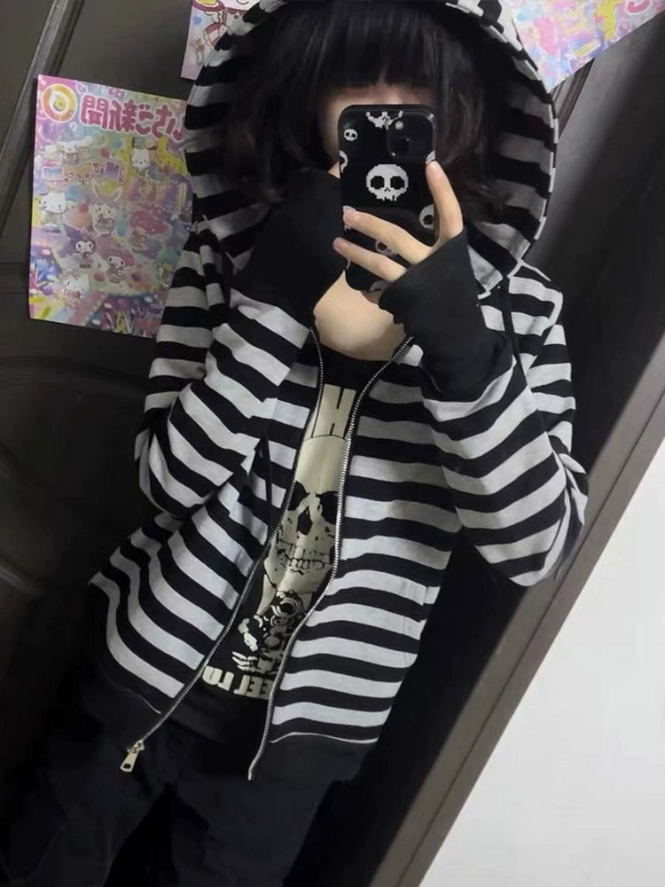 Bizzcut Y2K Subculture Black and Gray Striped Hooded Sweater