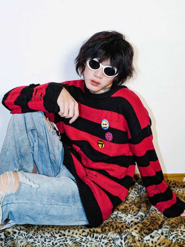 BIZZCUT Decadent Lazy Style Black and Red Striped Sweater
