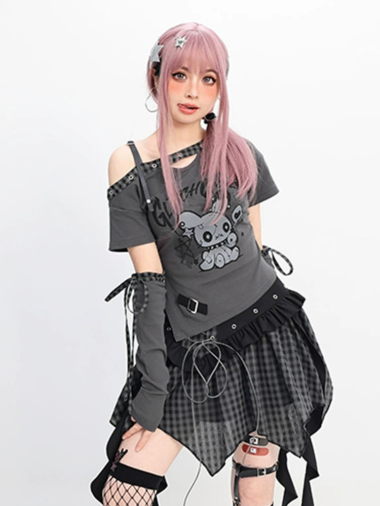 CATWISH Y2K Cool Girl Slanted Shoulder T-Shirt Skirt Set
