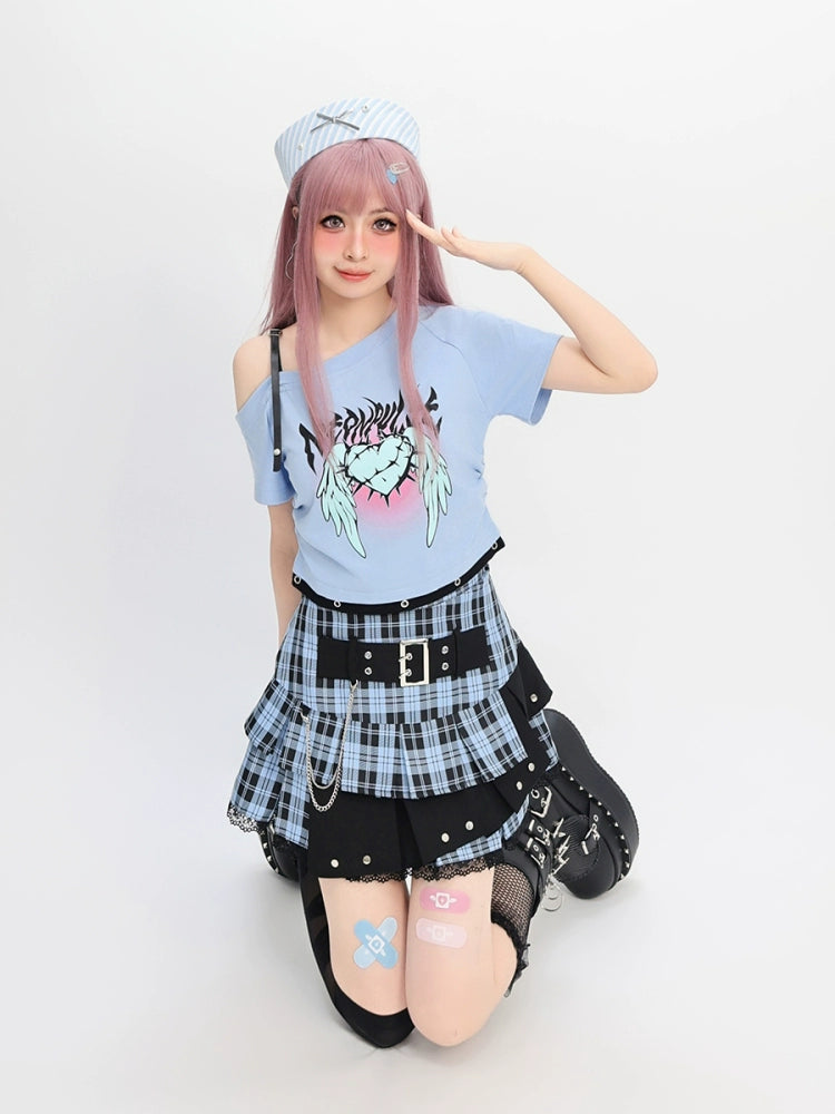 CATWISH Y2K Subculture Charm Blue Radio Wave T-Shirt Skirt Set
