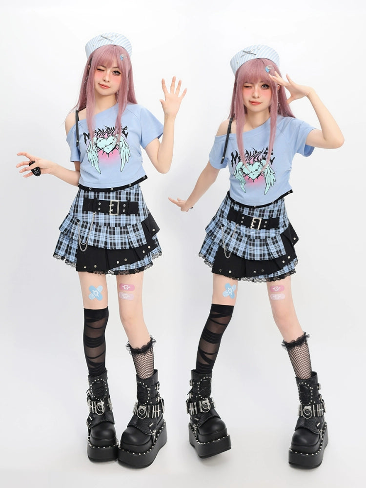 CATWISH Y2K Subculture Charm Blue Radio Wave T-Shirt Skirt Set