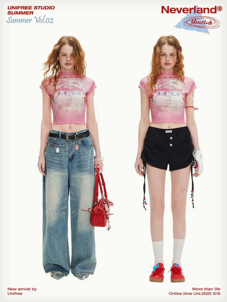 UNIFREE Pink Semi-turtleneck Mesh T-Shirt