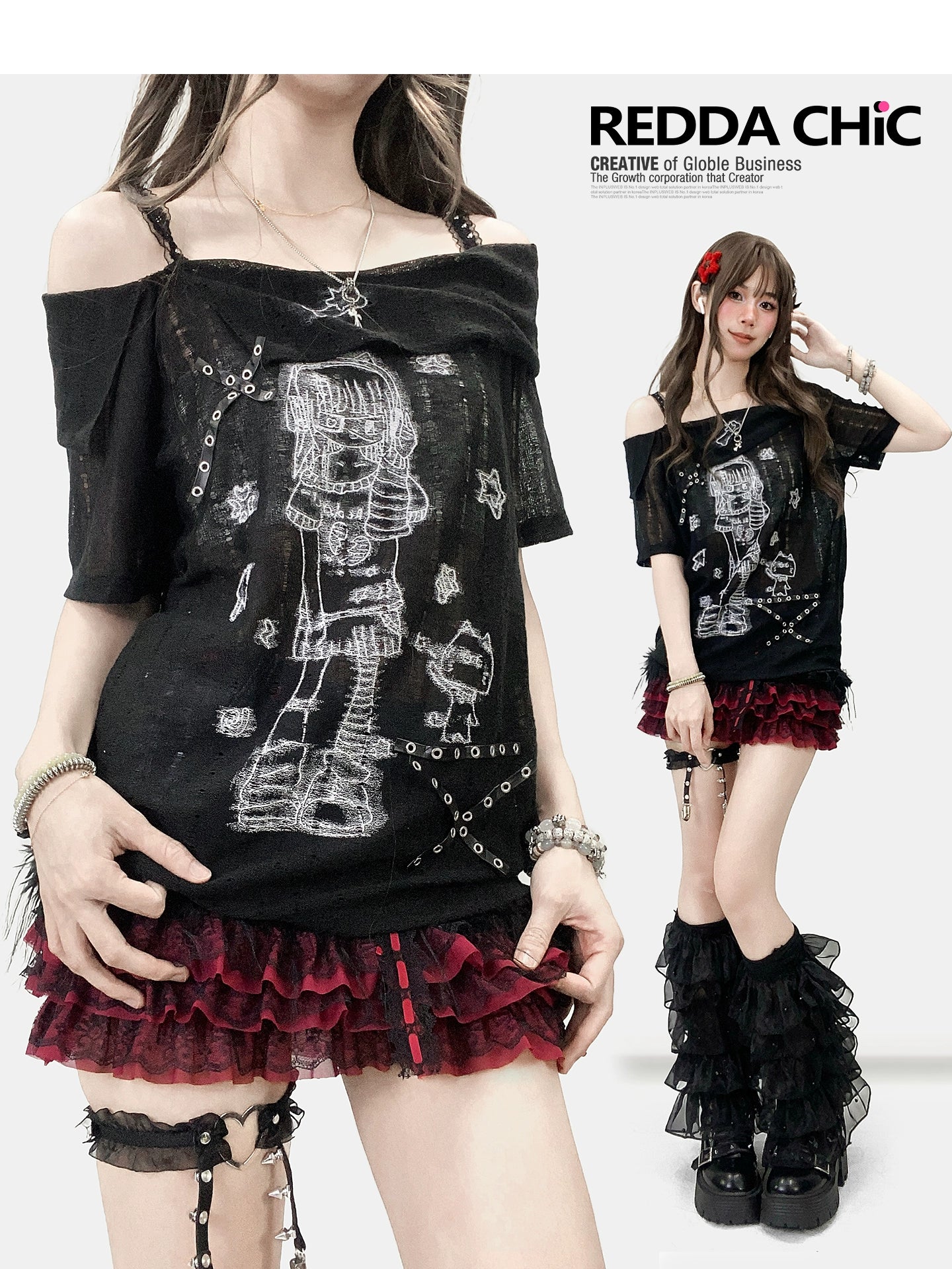 ReddaChic Subculture Dark Cartoon Printed One-Neck T-Shirt