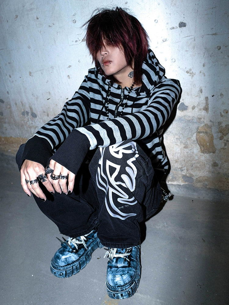 Bizzcut Y2K Subculture Black and Gray Striped Hooded Sweater