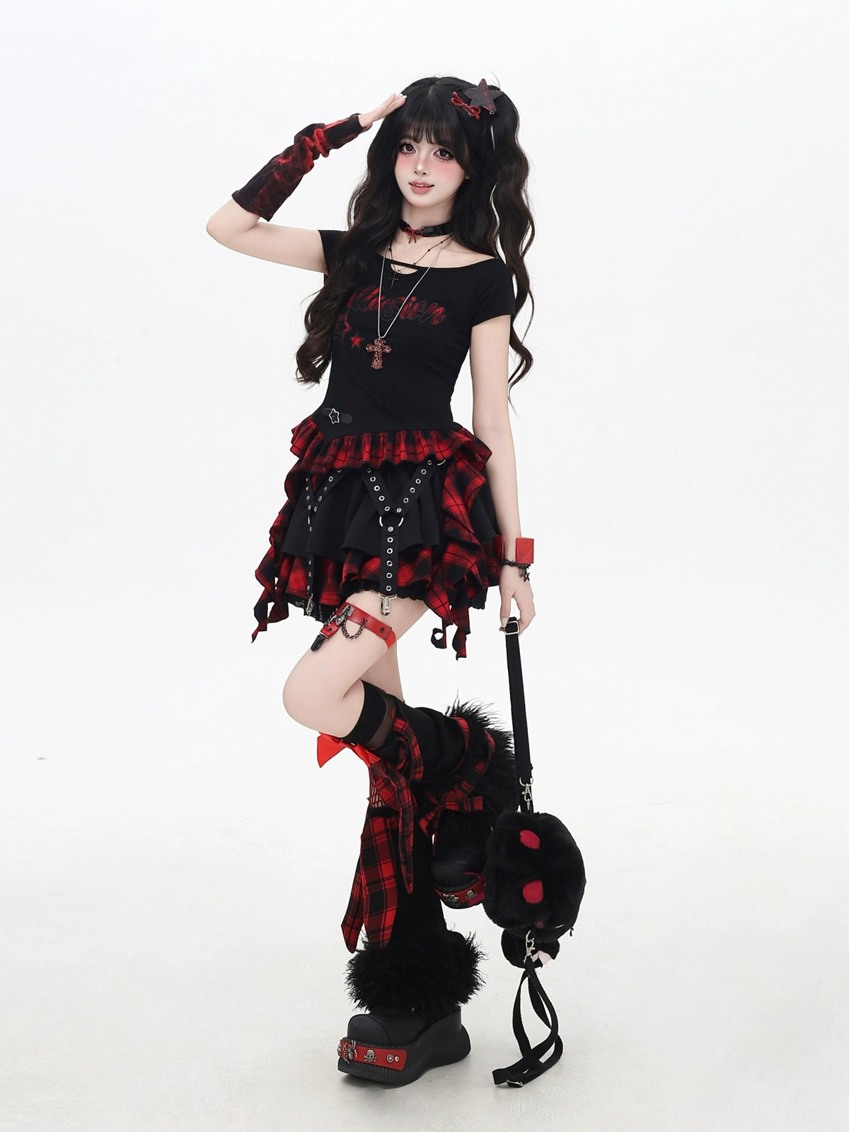 CRAZYGIRL [Summer Finale] Black & Red Plaid Ribbon T-Shirt