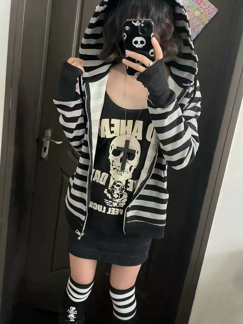 Bizzcut Y2K Subculture Black and Gray Striped Hooded Sweater