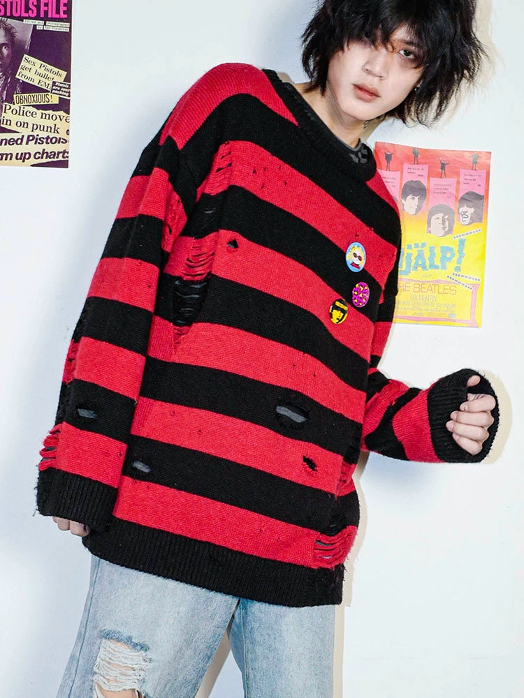 BIZZCUT Decadent Lazy Style Black and Red Striped Sweater