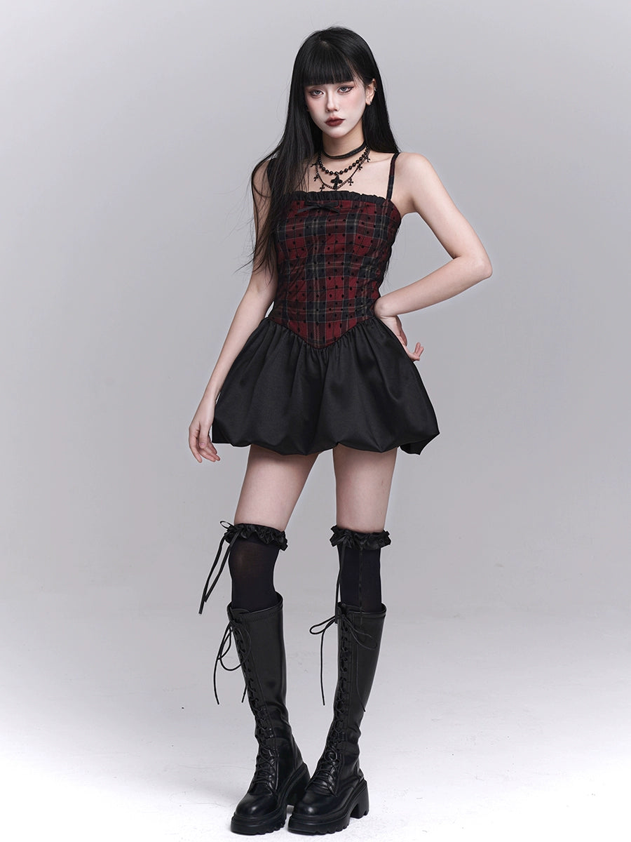 LADYGHOST Y2K Cool Red & Black Plaid Cami Dress