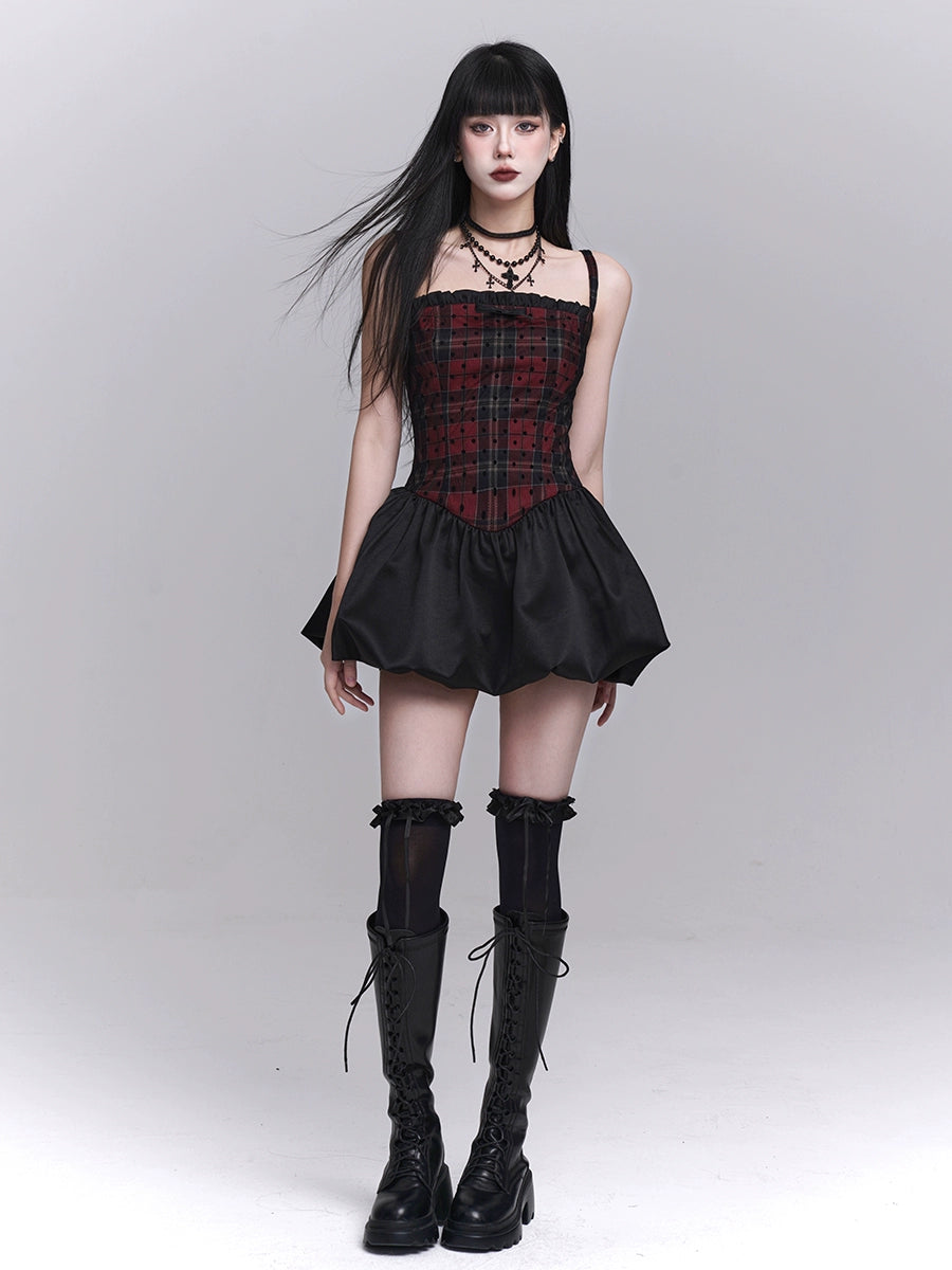 LADYGHOST Y2K Cool Red & Black Plaid Cami Dress