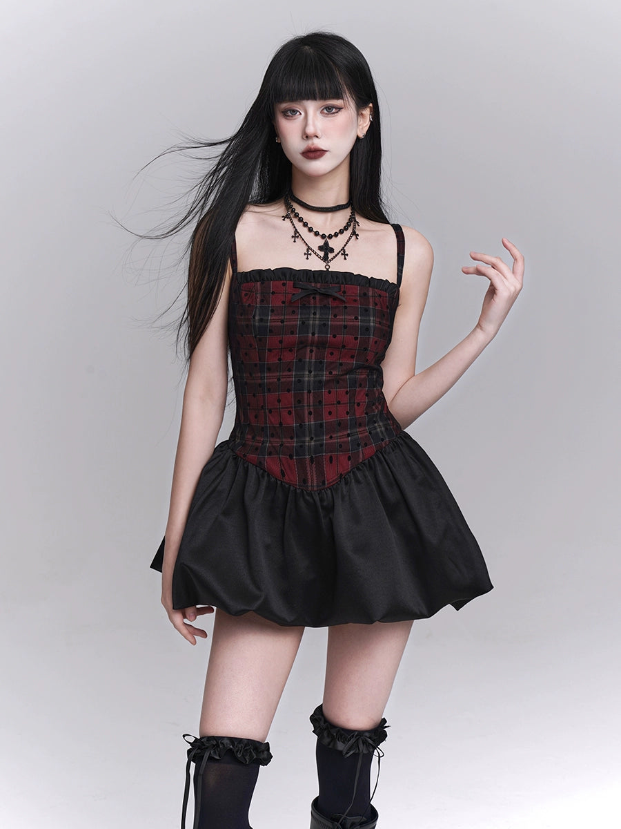 LADYGHOST Y2K Cool Red & Black Plaid Cami Dress