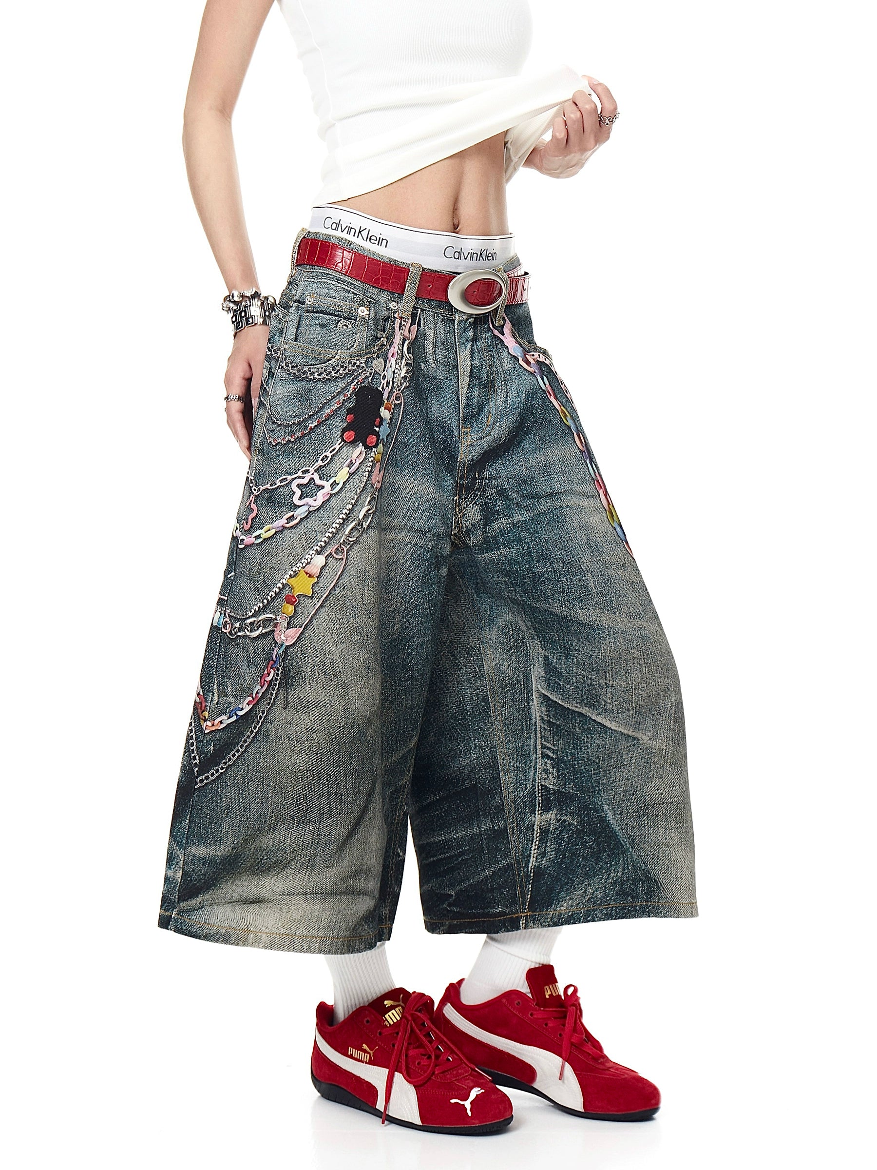 BLACKLISTS American Hee Chain Printed Denim Shorts