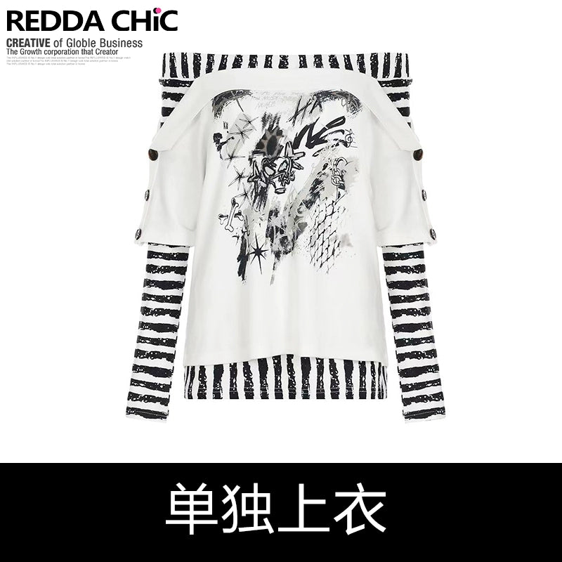ReddaChic Y2K Striped Print Stitching Long Sleeve
