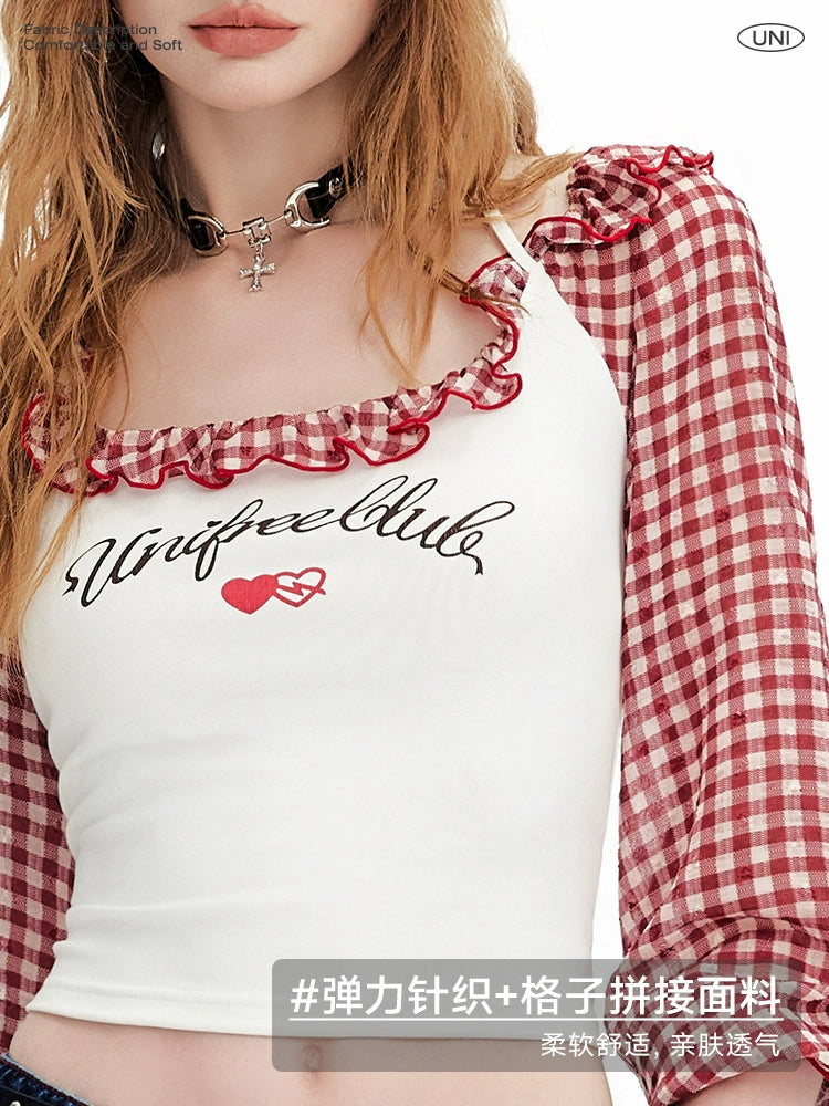 UNIFREE Fake Two Pieces Red Checkered Splicing Long Sleeves