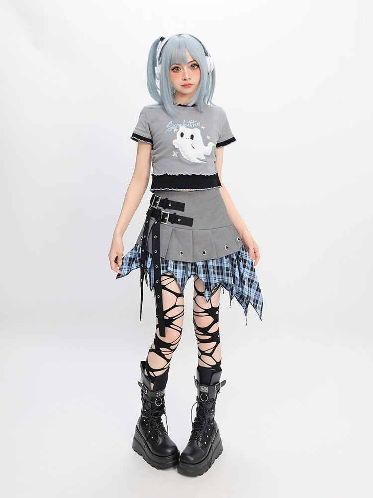 CATWISH Y2K Subculture Electronic Ghost T-Shirt Skirt Set