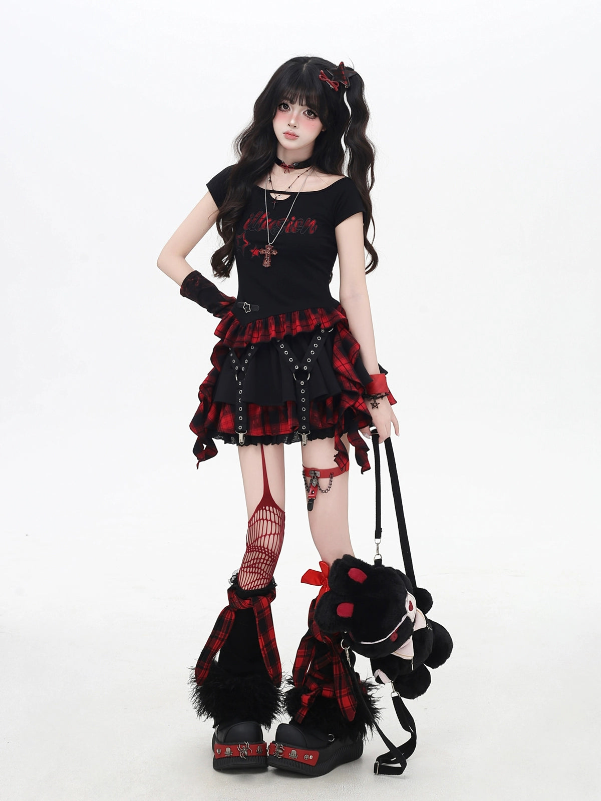 CRAZYGIRL [Summer Finale] Black & Red Plaid Ribbon T-Shirt