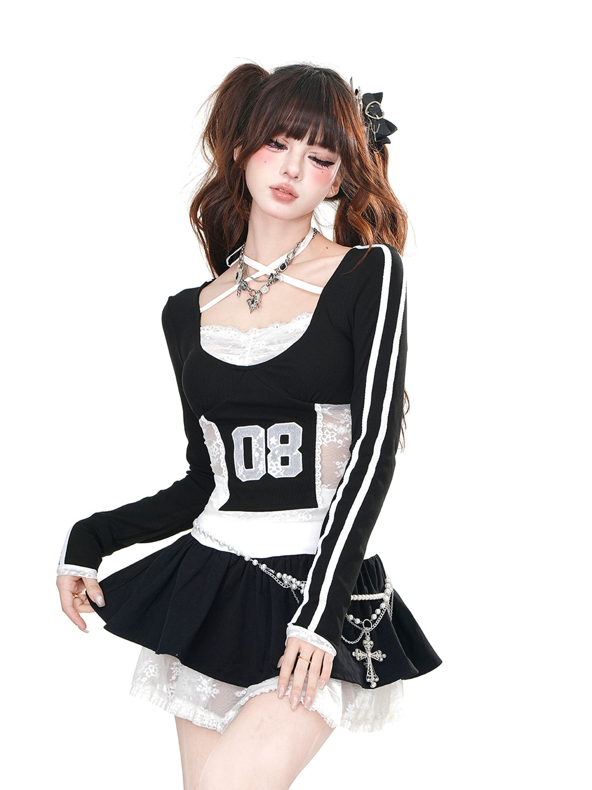 Kelly Kitty American Hip Hop Y2K Lace Embroidery Set