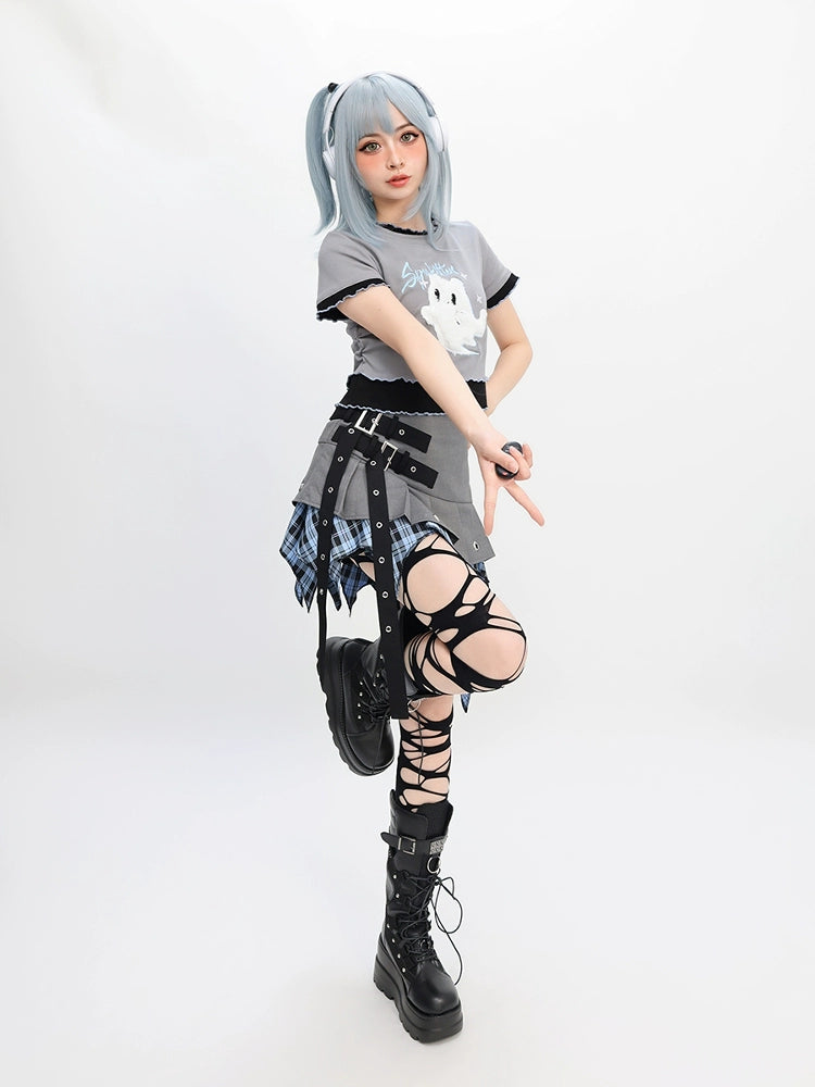 CATWISH Y2K Subculture Electronic Ghost T-Shirt Skirt Set