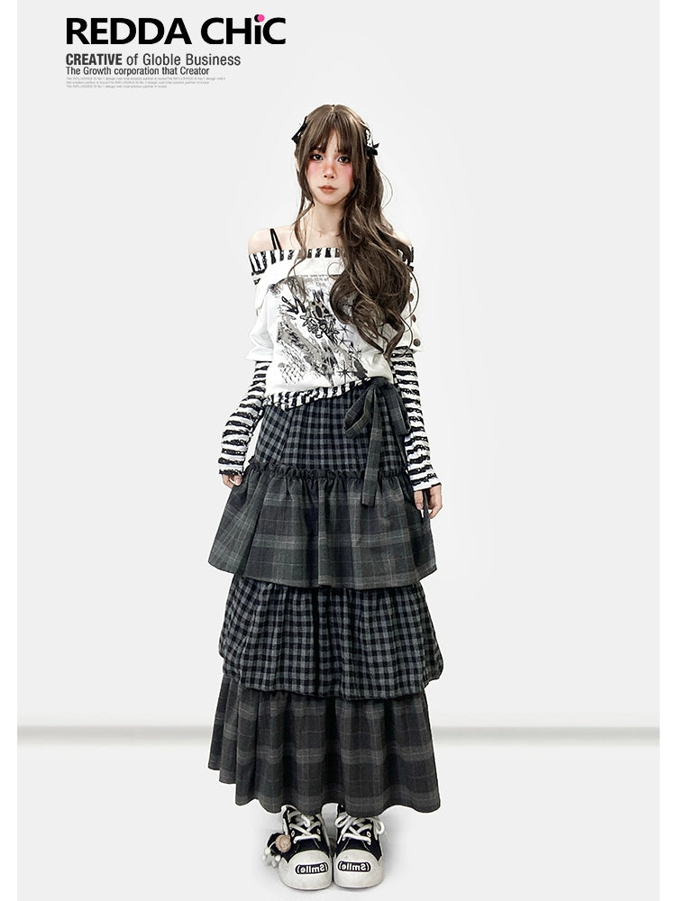 ReddaChic Y2K Striped Print Stitching Long Sleeve