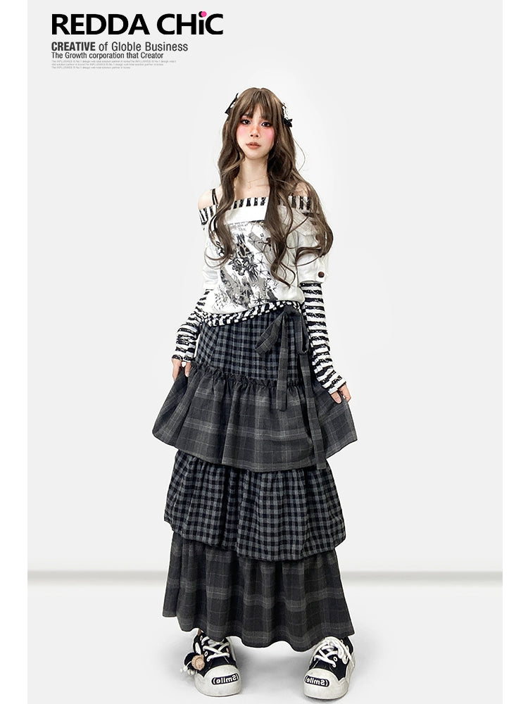 ReddaChic Y2K Striped Print Stitching Long Sleeve