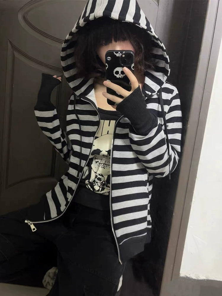 Bizzcut Y2K Subculture Black and Gray Striped Hooded Sweater