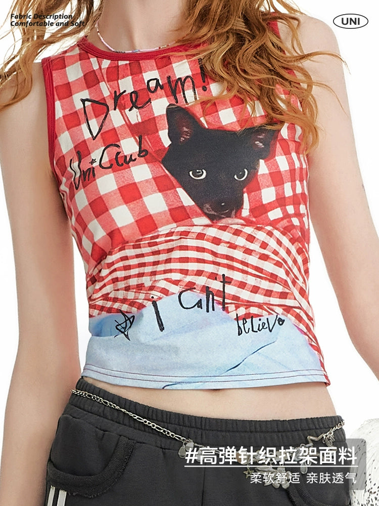 Y2Kissin Y2K checked vest woman top red gingham sleeveless crop tank with black cat print paired with black pants